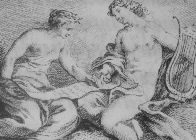 Apollon et la Muse de la Poésie (bandeau d'H. Rigaud pour l'Art poétique de Boileau, in OEuvres, éd. 1740) coll. privée